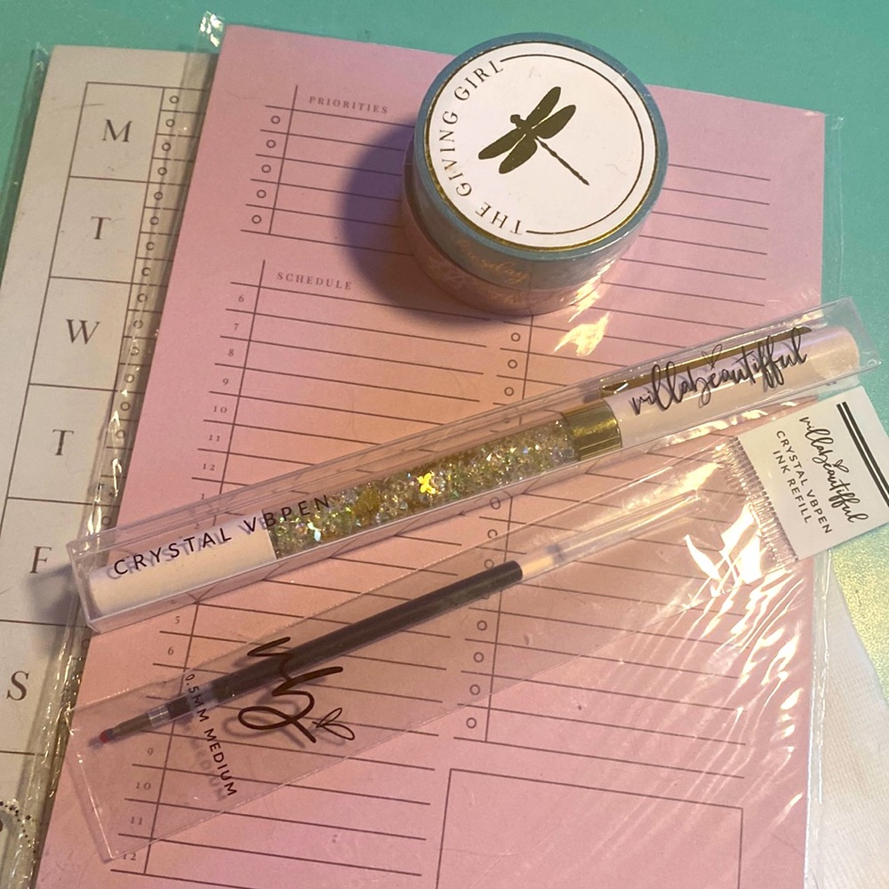 Washi tape, 2 note pads and glitter pen with refill